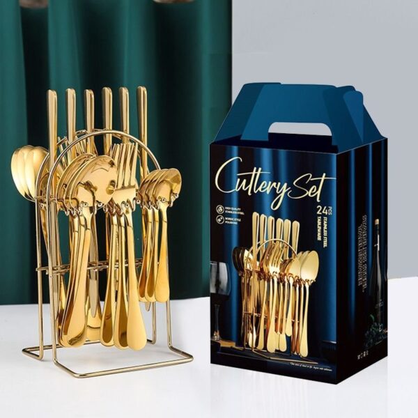 A Generic gold-finished 24-piece stainless steel cutlery set with a stand.